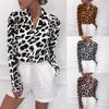 Blusa estampa leopardo feminina chique casual manga comprida gola virada para baixo escritório senhora vintage tamanho grande