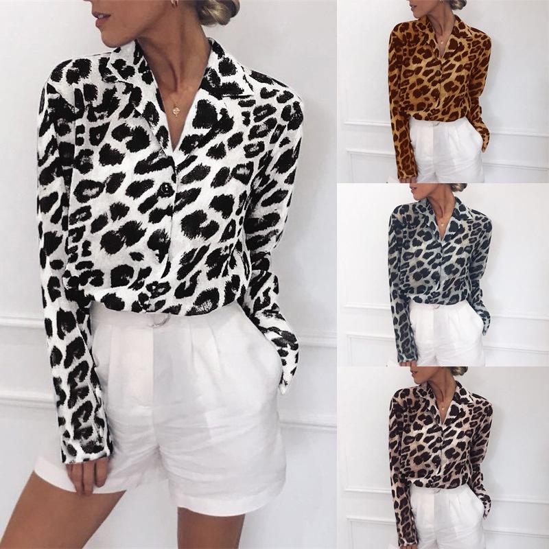 Blusa estampa leopardo feminina chique casual manga comprida gola virada para baixo escritório senhora vintage tamanho grande