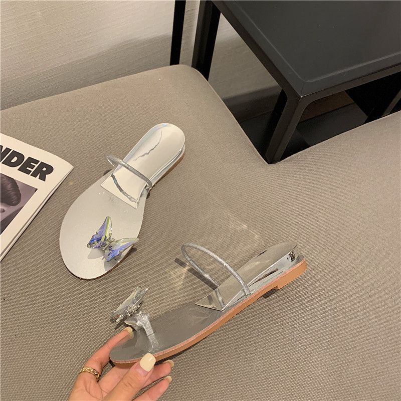 Beach shoes women's 2025 summer new pigeon eggs butterfly rhinestone cover toes flat bottom height increase outer wear cool slippers women