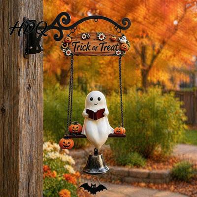 Festive Halloween Wall Hanging Ghost Wind Chime Hanging Porch Yard Decor with Resin Metal Bell Theme Garden Accent Vintage Farmhouse Ornament