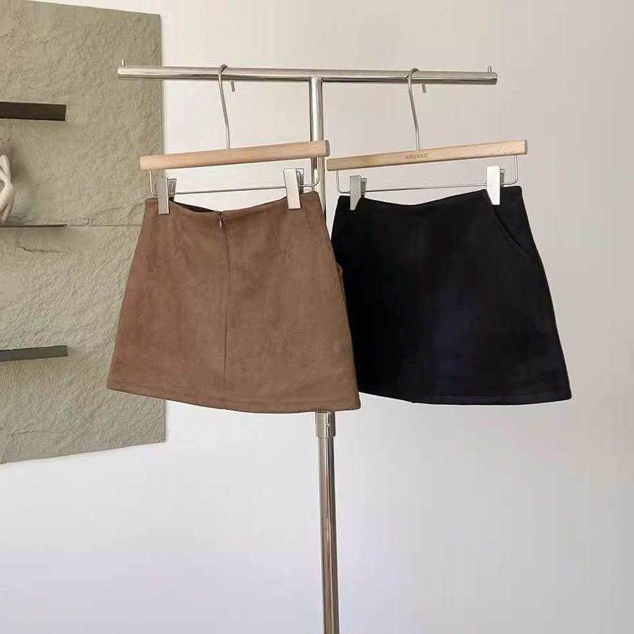 Retro Suede High-Waisted A-Line Mini Skirt Pants - 2025 Autumn/Winter Korean Style
