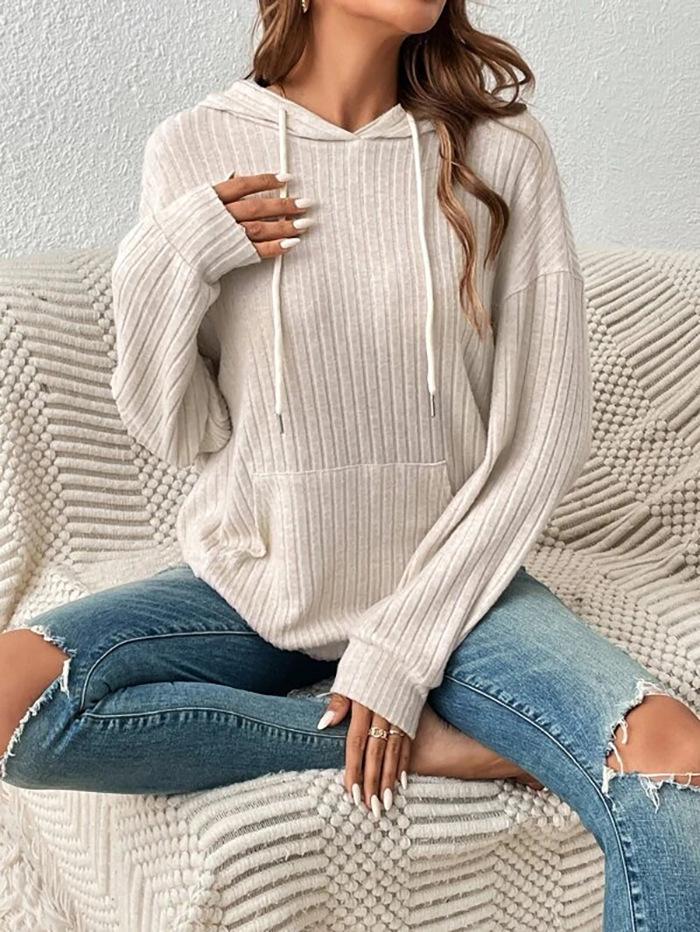 2023 Autumn/Winter European & American Knit Hooded Ribbed Kangaroo Pocket Long Sleeve Sweatshirt