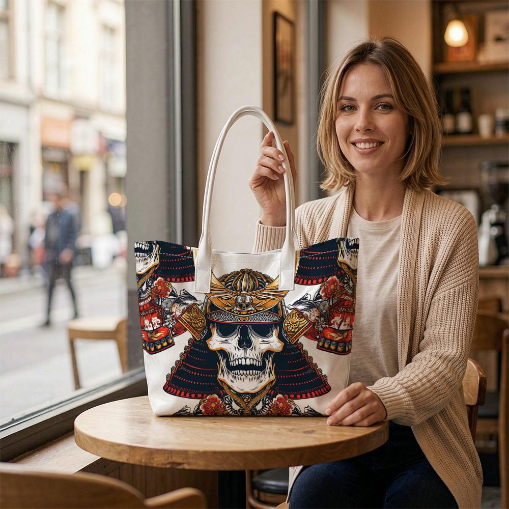 Japanese Samurai Skull Print Tote Bag Trendy Daily Casual Shoulder Bag for Outdoor Shopping