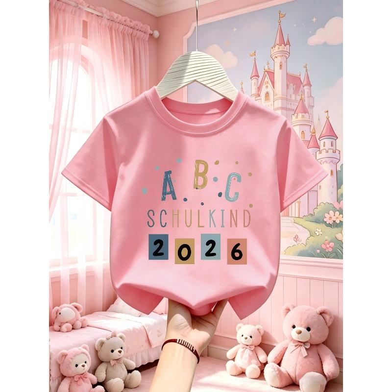 European Sizes Children's Round Neck T-Shirt, Summer Casual Comfortable Sporty Fashion Short Sleeve for Girls, Teen Daily Wear