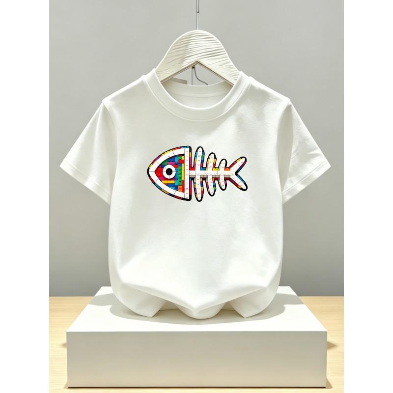 Kids Crewneck Short Sleeve T-Shirt, Creative Rainbow Building Block Fishbone Print 110 белый