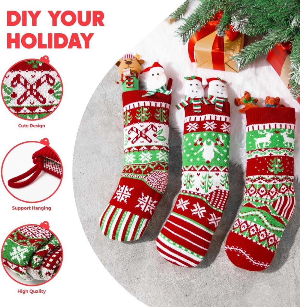 JOYFY 3 Pack 18” Christmas Stockings Large Size Rustic Cable Knit Xmas Stocking in Red & Green for Family Holiday Decorations