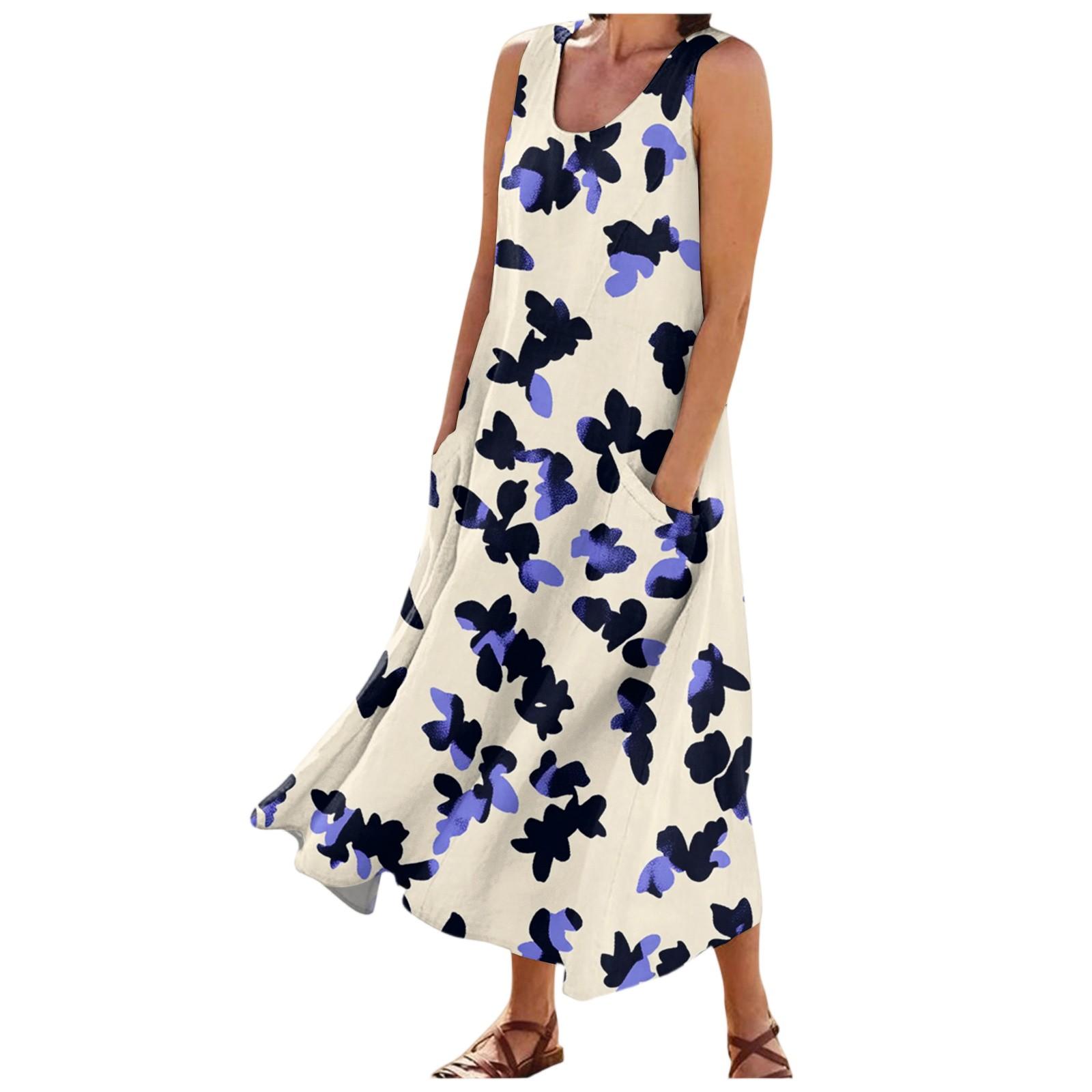 

Women s Fashion Summer Casual Sleeveless Floral Printed Small Pocket Dresses L білий