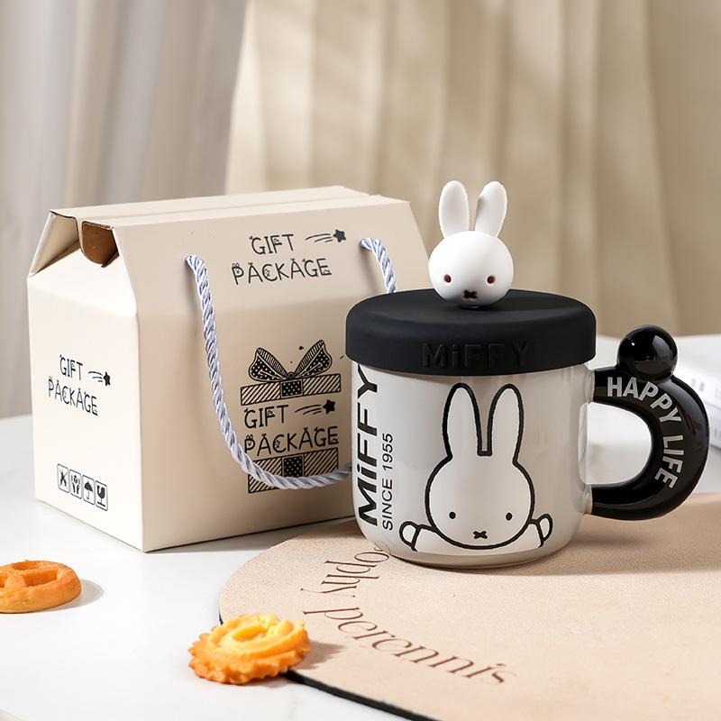 High Value Cartoon Miffy Ceramic Cup with Lid for Home Cute Couple Water Cup Gift Box Creative Souvenir Mug