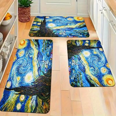 1 Stück Van Gogh Gemälde Küchenteppiche Rutschfeste Fußmatten Pop Design Wohnzimmerteppiche Badematte Teppich für Zuhause Spüle Wäsche Dekor