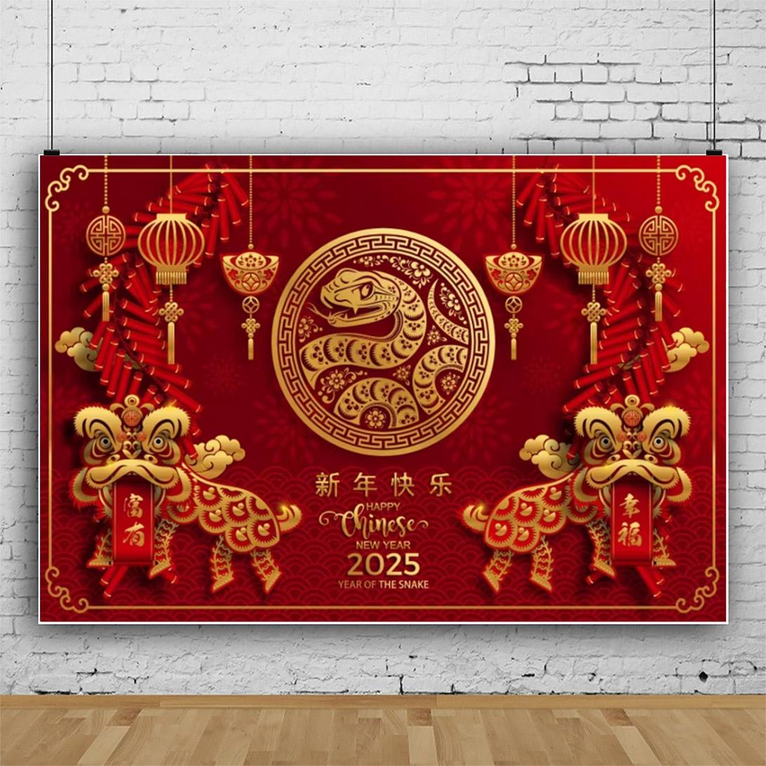 

2025 Happy Chinese New Year Backdrop Gold Snake Red Lantern Flower Spring Festival Family Portrait Photography Background Decor 120x90cm