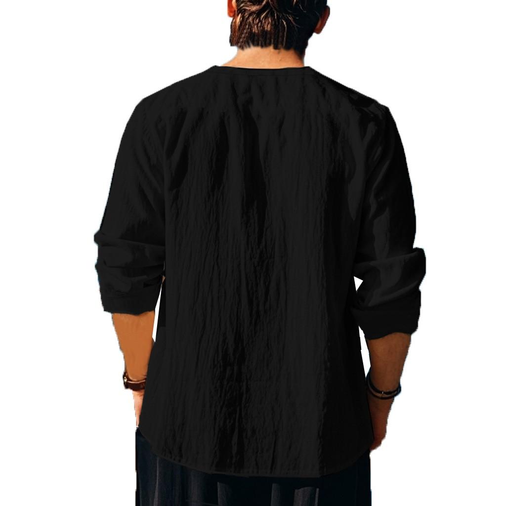 Men's Loose Casual Cotton And Linen Drawstring Collared Shirt Top