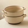 Practical Ceramic Binaural Bowl High-End Relief Large Soup Bowl Round Simple Noodle Bowl Vegetable Bowl Household Tableware