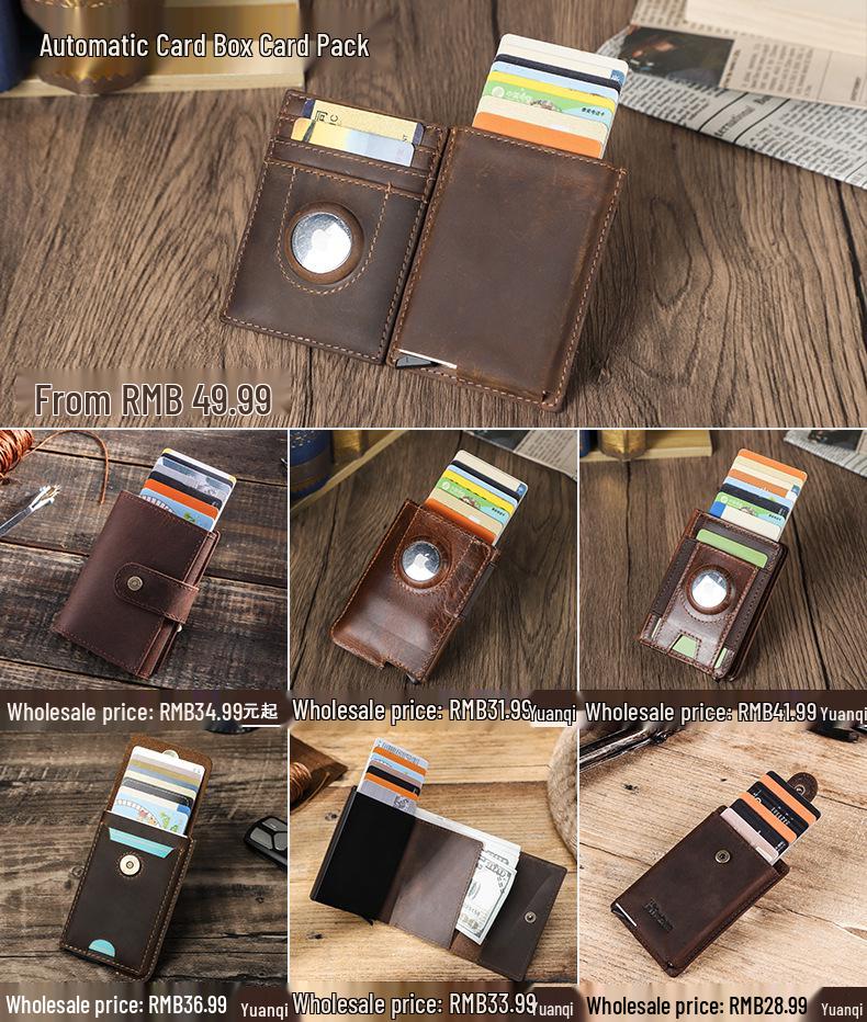 Black Angel FRID Vintage Crazy Horse Leather Automatic Card Holder with Buckle - Genuine Leather Wallet.