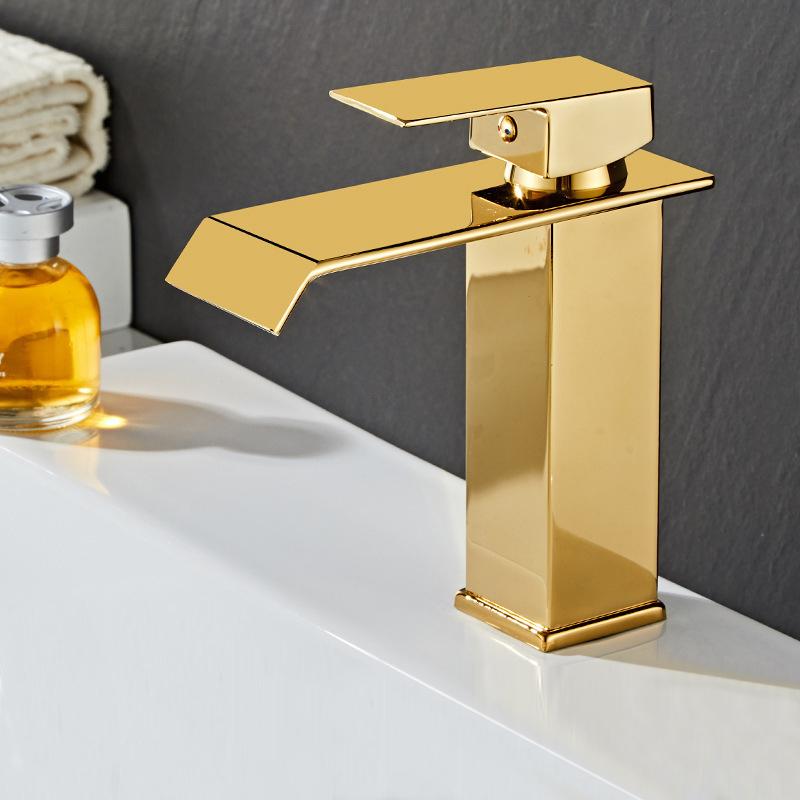 Waterfall Basin Faucet Gold and Black Sink Waterfall Mixers Bathroom Faucet Deck Mounted Washbasin Taps