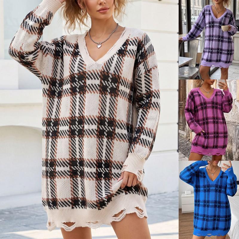 Womens Winter Knit Dress Loose Fit V-Neck Long Sleeve Plaid Color Block Midi Sweater
