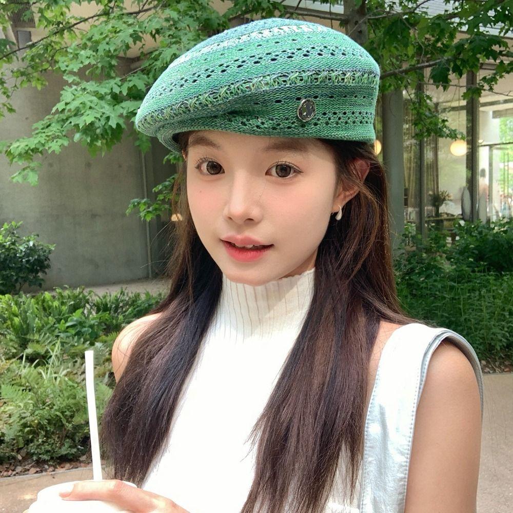 Vintage Hollowed Out Beret Hat Japanese Style Crochet Knitted Cap Elegant Weave Painter Hat  Spring