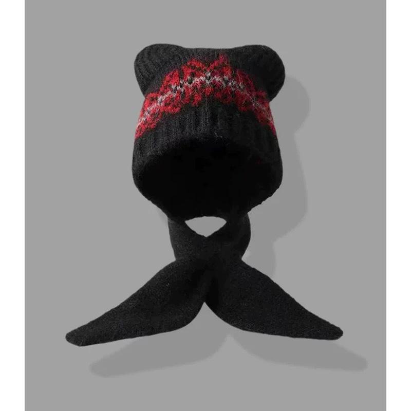 Damen Niedliches Wollmischung Bärenmütze & Schal Set - Winter Warm, Figurbetont & Gestrickt mit Ohrenklappen.