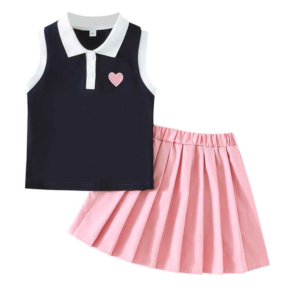 2-7 Years Kids Girls Sleeveless Polo Shirt and Pleated Skirt Set 2-3Y