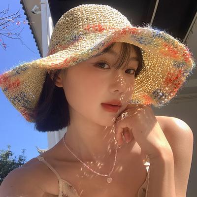 Colorful Pattern Staw Bucket Hat Packable Lightweight Fisherman Cap Wide Brim Sun Protection Hats for Women