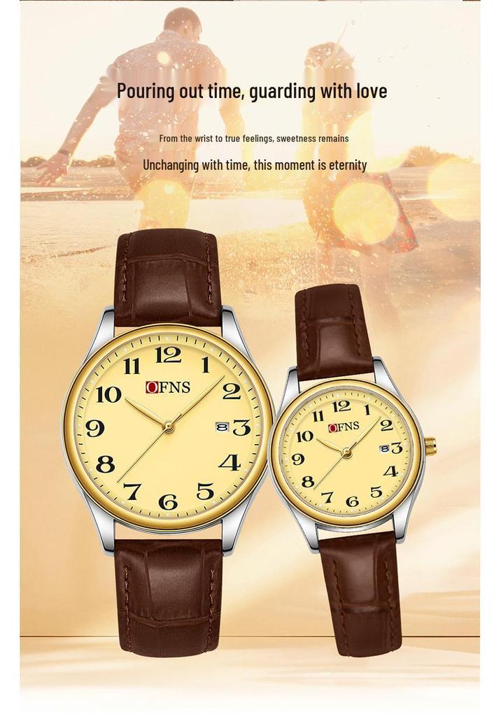 OFNS Couple's Wristwatch - Waterproof, Luminous, Quartz Watch with Steel or Leather Strap, Calendar Feature, for Casual or Business.
