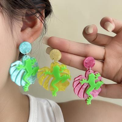 Creative Design Earrings Personality Fun Funny Frog Leaf Acrylic Fashion Earrings