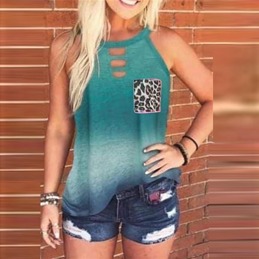 Womens Tie-Dye Leopard Pocket Sleeveless Tank Top Casual Summer Blouse Shirts