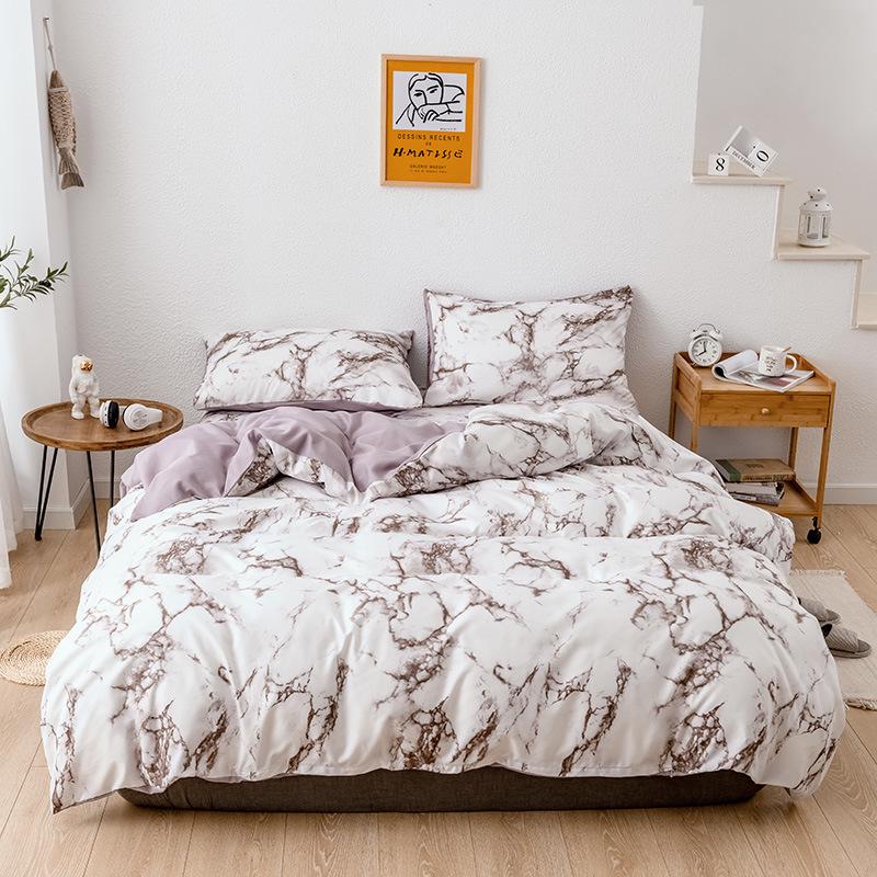 Marble Pattern Solid Color Bedding Set - Duvet Cover & Bedsheet, 3 or 4 Pieces