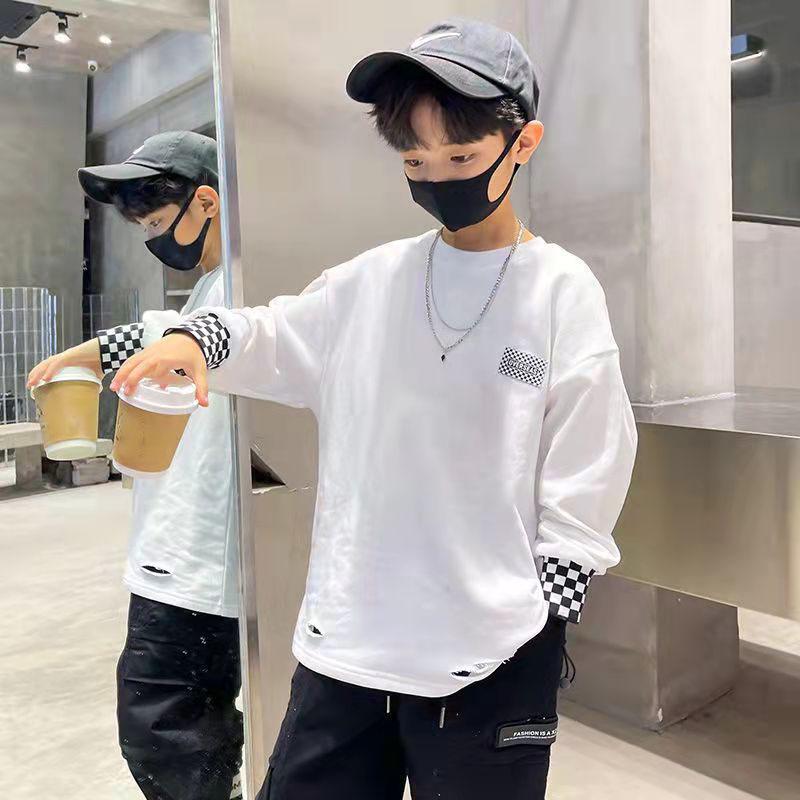 T-shirt blanc à manches longues et col rond pour enfants garçons, automne