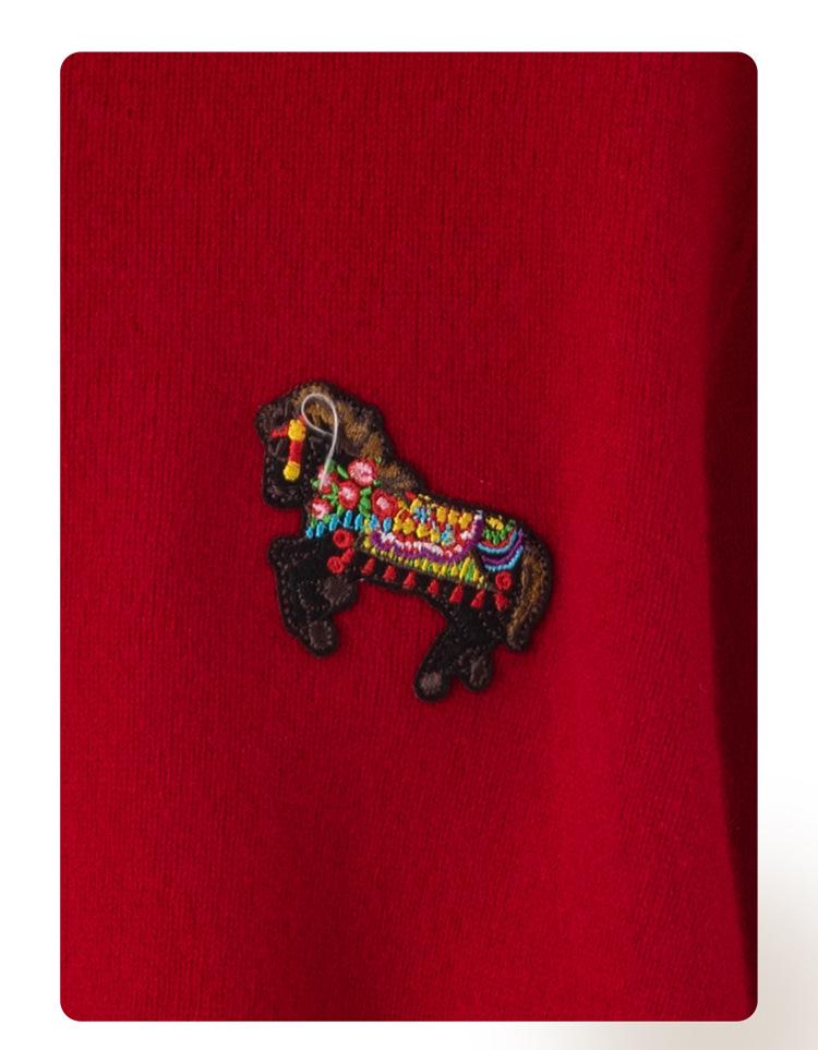 Women's Year of the Horse Red 100% Wool Sweater, Half-High Neck, Loose Fit Knitwear