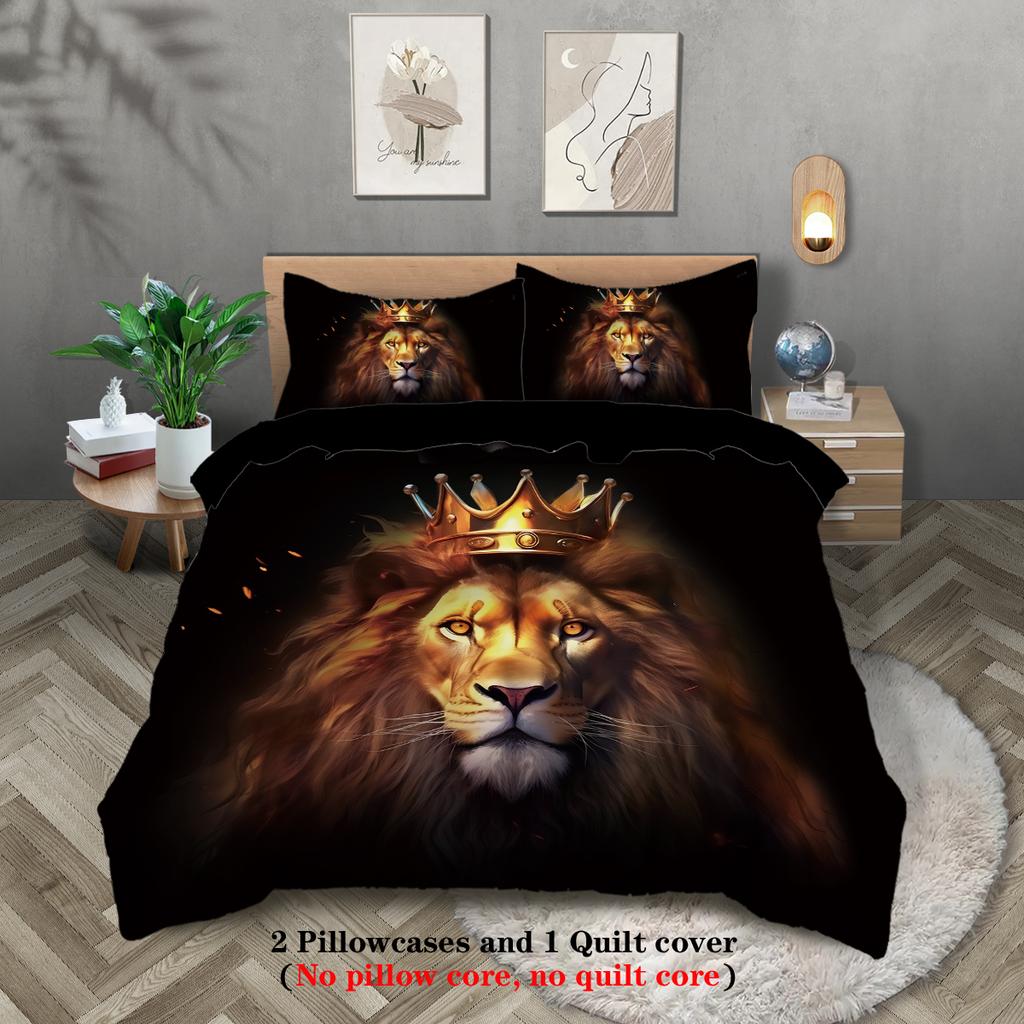 3-piece Set, Lion Pattern Printed Bedding Set, Queen, King, Double Bed, Adults Bedroom, Guestroom, Hotel, Soft and Comfortable