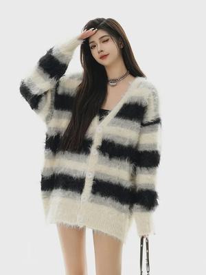 Unisex Black & White Striped Furry Knit Cardigan - Cozy Autumn/Winter Sweater