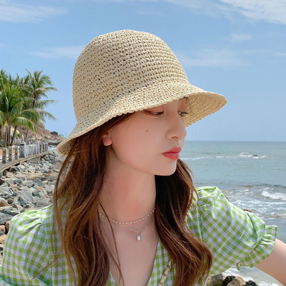 Foldable Outdoor Sunshade Cap Hand Weaving Fisherman Hat Summer Straw Bucket Hat  for Women Beach