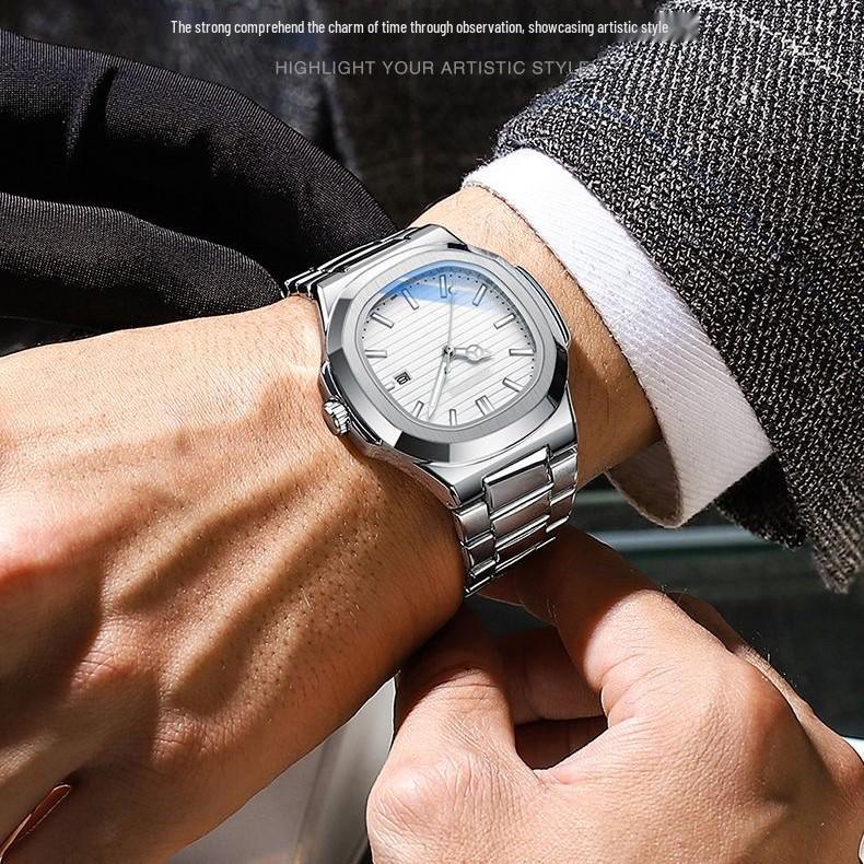 Orologio al quarzo luminoso in stile svizzero - Impermeabile, Cinturino in acciaio, Funzione calendario, Design business unisex.