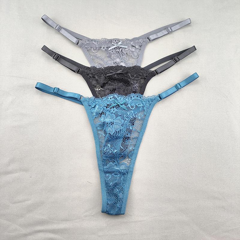 3Pcs Women's Lace Hollow Out Thongs Sheer G-Strings Sexy Ultra-low Rise Seamless Panties Perspective Bow Knickers