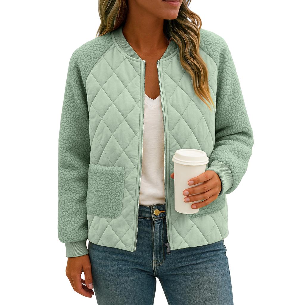 Women's Solid Color Long Sleeved Plaid Thickened BBaseball Jacket Jacket