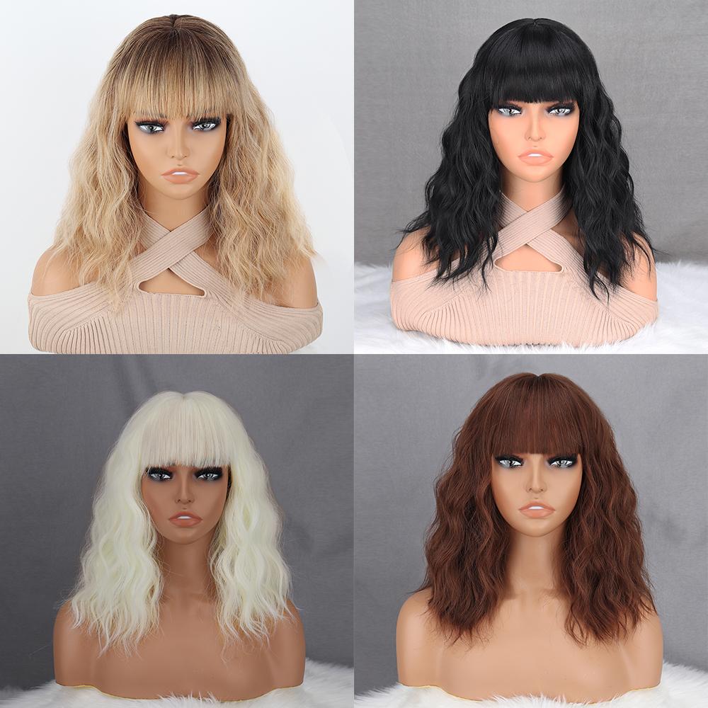 MISSQUEEN Women Natural Short Ombre Blonde Wig with Bangs Synthetic Fiber Natural Cosplay Daily Wear Shoulder Length Wig