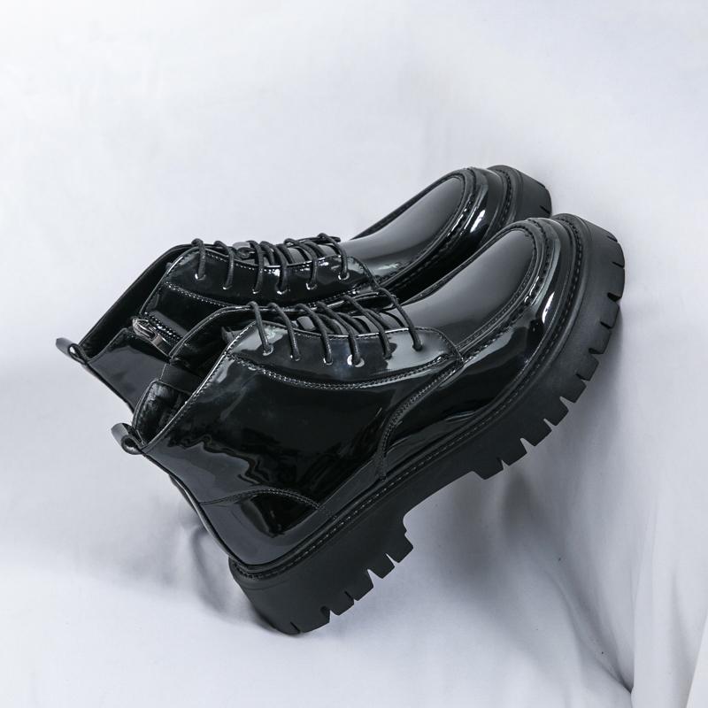 Fashion Shiny Leather Men's Boots Side Zipper Business New Style Comfortable High Top Mens Casual Shoes Classic Design Thick Soled Shoes