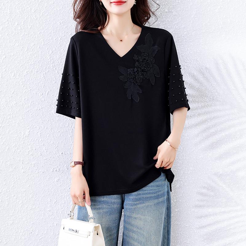 

Dimanaf 2025 Лето Большой размер Футболка с короткими рукавами Женщины V-образный вырез Свободные Черные Топы Футболки Оверсайз Новая Футболка 5XL чёрный