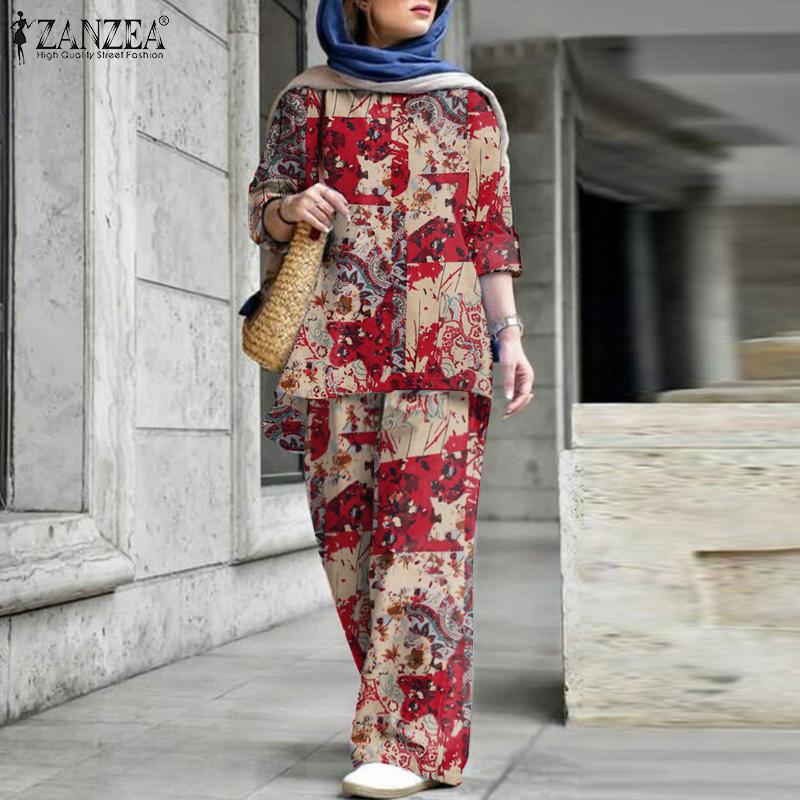 

ZANZEA Хлопковые наряды Женская блузка и брюки Повседневный костюм Две части Комплект