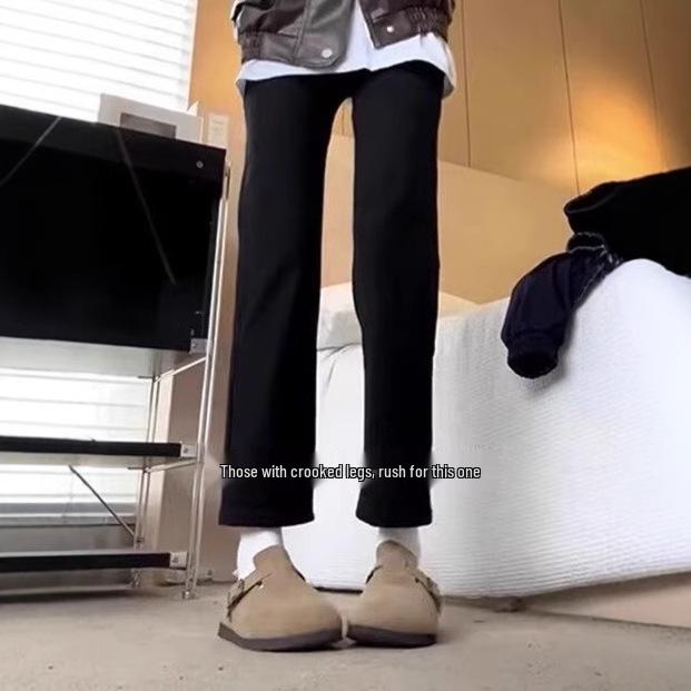 Women's Black High-Waisted Straight-Leg Jeans - Slimming, Elastic, Cropped Cigarette Pants for Spring & Autumn