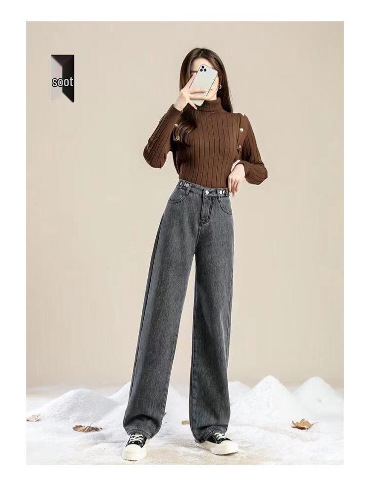 Women's Light Blue Fleece-Lined Wide-Leg Jeans - Winter New Straight-Leg Warm Pants for Students