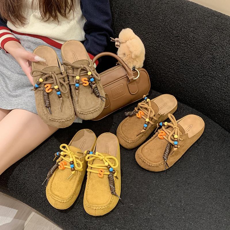 Retro baotou half slippers women's new thick-soled heightening one-pedal literary versatile shoes