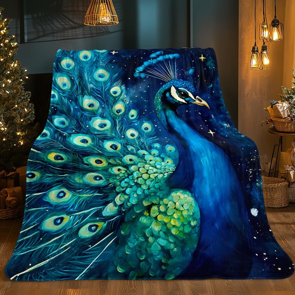 Blue Peacock Night Sky Fleece Blanket Gorgeous Feather Pattern Starry Background Soft Flannel Throw Cover Home Decor Gift for