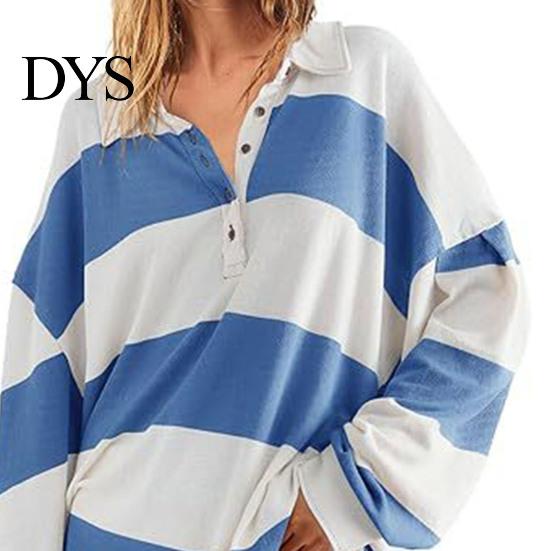 Lady Spring Top Women Sweatshirt Colorblock Striped Turn-down Collar Long Sleeves Buttons Loose Pullover Casual Homewear Sport Clothes Plus Size