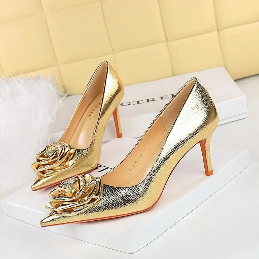 BIGTREE Heels Women Patent Leather Flowers Women Pumps Sexy Pointed Toe Thin Low Heels Wedding Elegant Party Shoes Zapatos Mujer