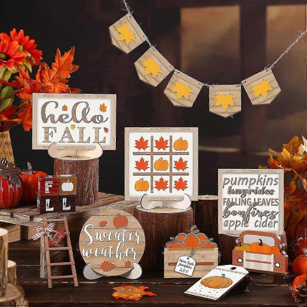 17Pcs Fall Tiered Tray Decorations Set, Thanksgiving Pumpkin Maple Tiered Tray Decorations Set, Rustic Farmhouse Pumpkin Truck Spice Blocks Autumn Woo