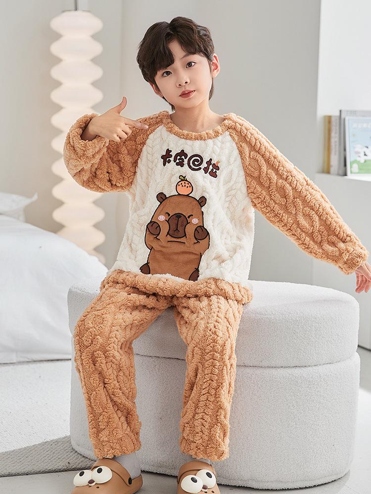 New Boys' Flannel Pajama Set - Warm Autumn/Winter Coral Fleece