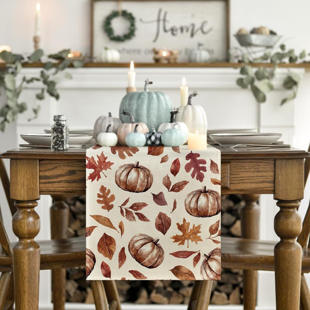 Artoid Mode Maple Leaves Pumpkin 210 GSM Fall Table Runner, Seasonal Harvest Autumn Kitchen Dining Table Decoration for Home Party Decor 13x60 Inch