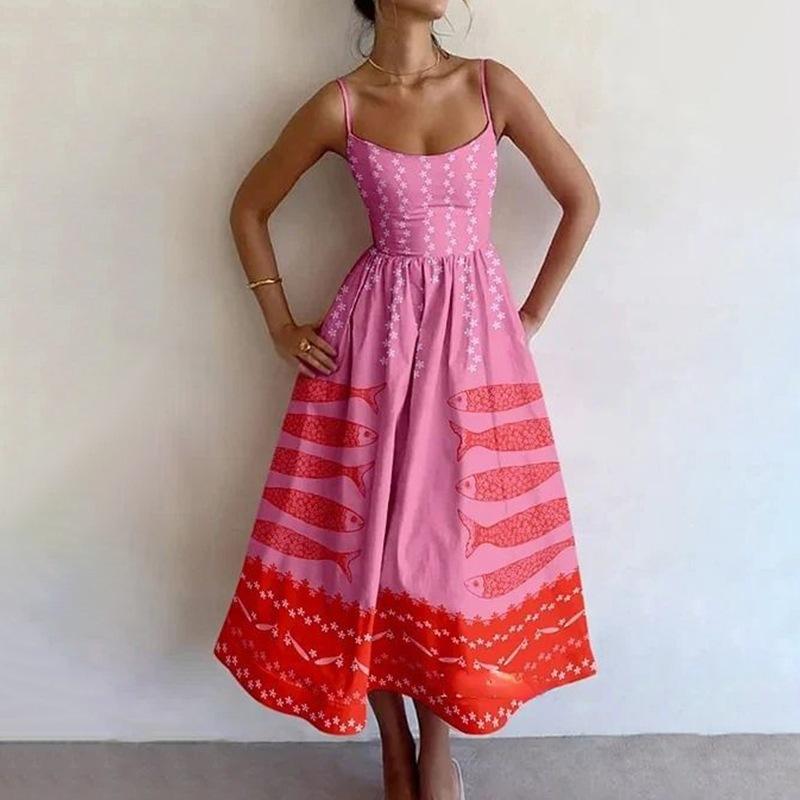 

European and American women s clothing, new spring models, elegant vacation personalized printing slim-fitting suspender dress M