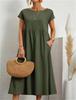 Summer Women Casual Loose Fit Sleeveless Cotton Linen Dress Solid Color Pocket